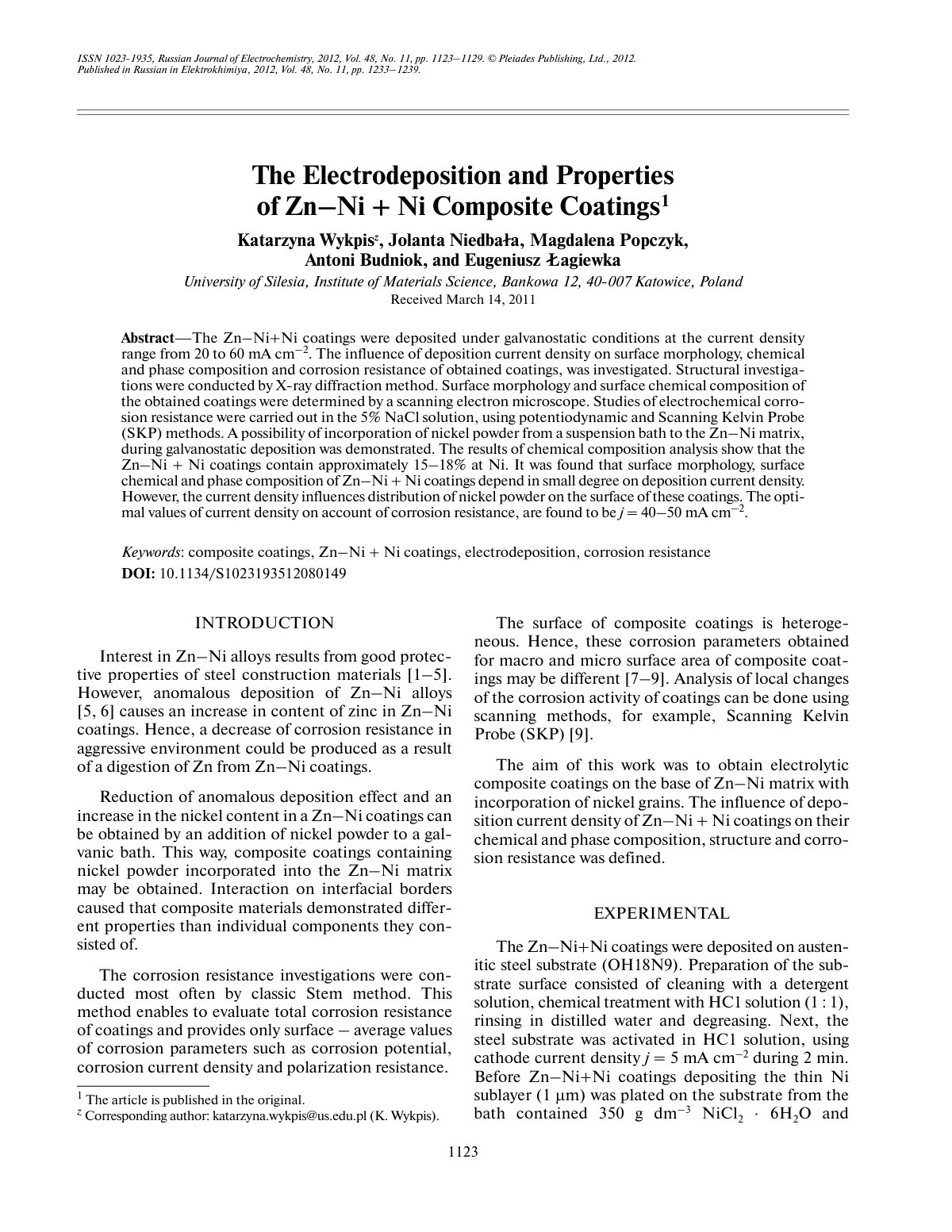 First page of THE ELECTRODEPOSITION AND PROPERTIES OF Zn–Ni + Ni COMPOSITE COATINGS