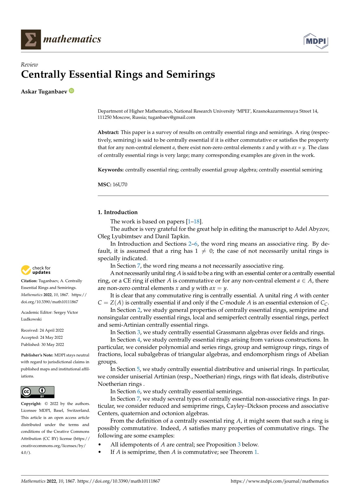 First page of Centrally Essential Rings and Semirings