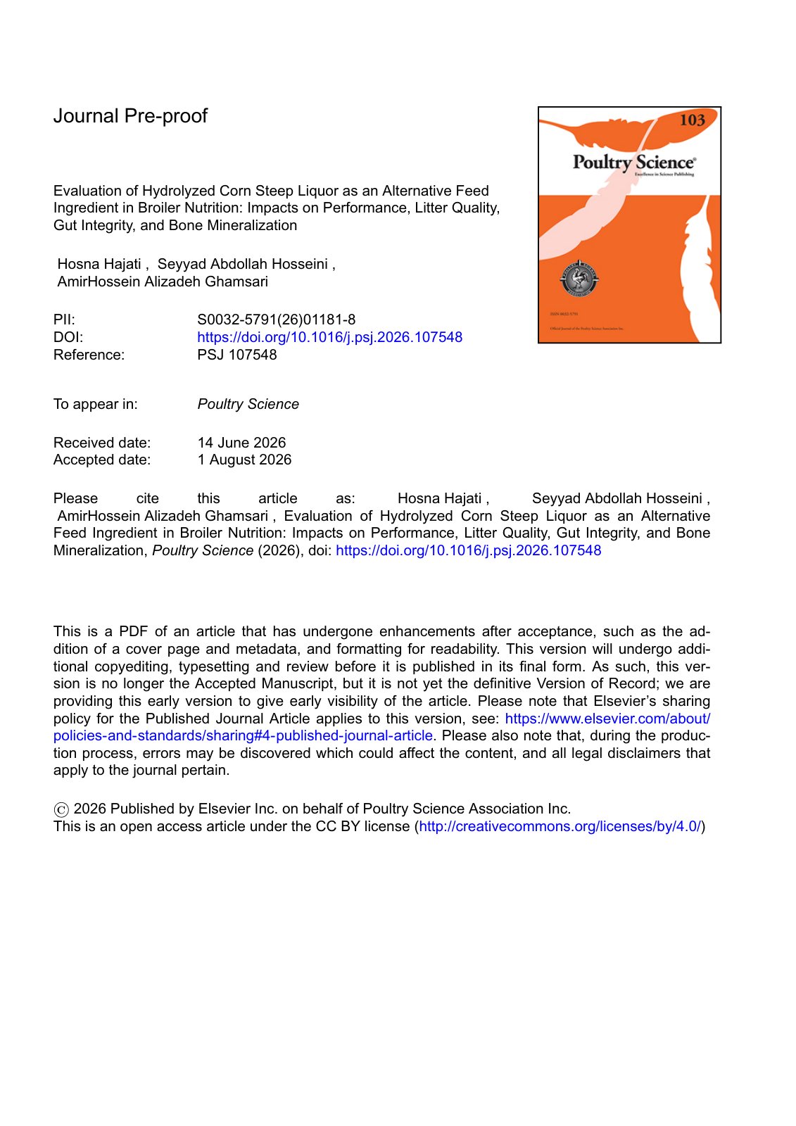 First page of Evaluation of Hydrolyzed Corn Steep Liquor as an Alternative Feed 2026 Poult