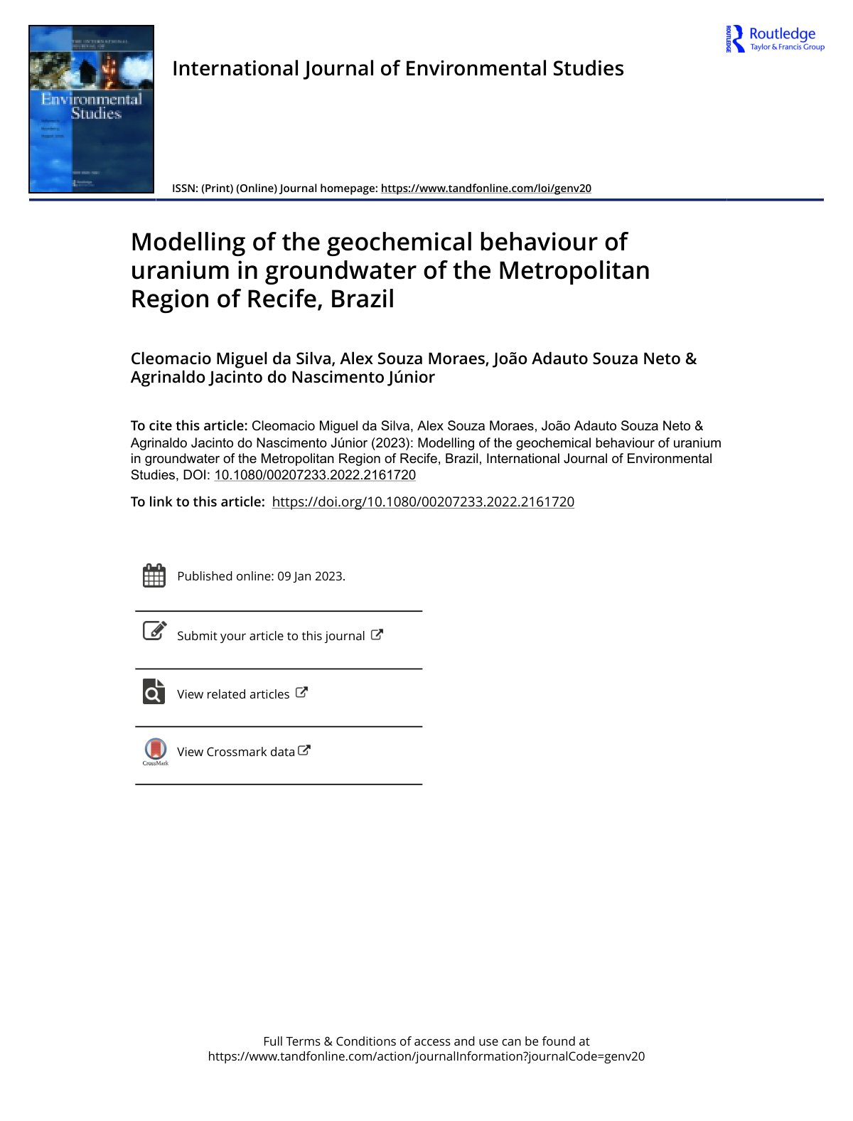First page of Modelling of the geochemical behaviour of uranium in groundwater of the Metropolitan Region of Recife, Brazil
