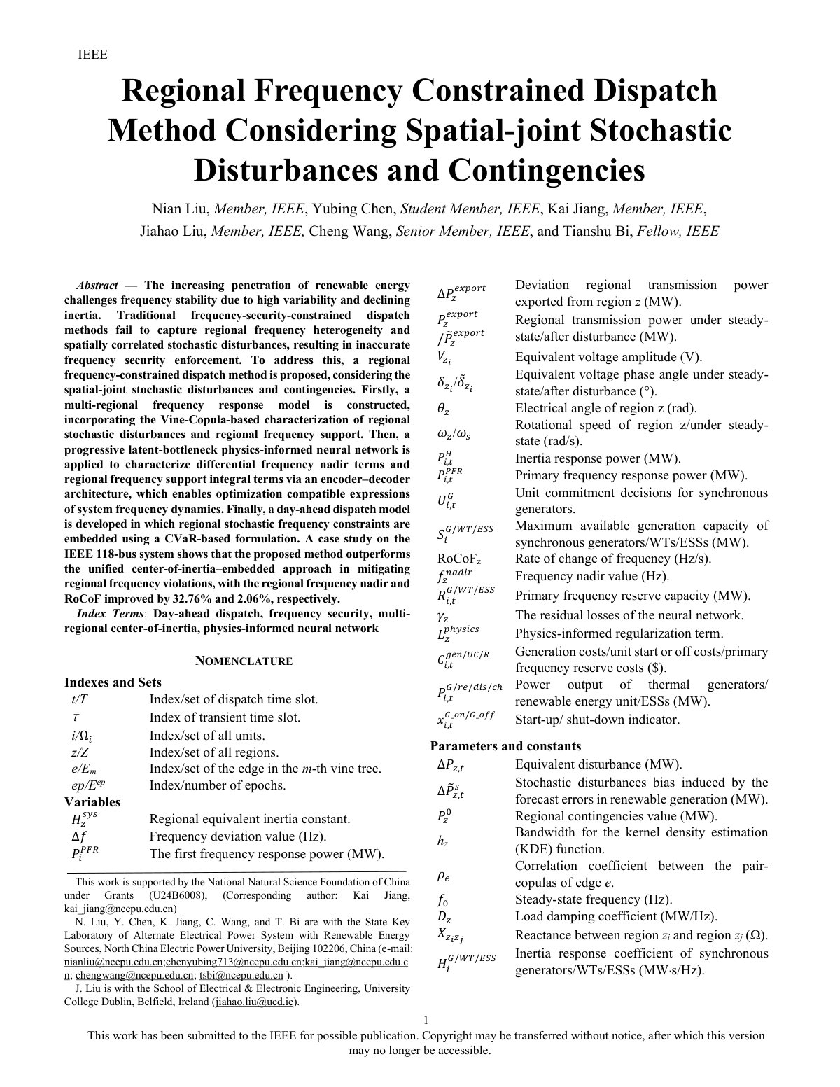 First page of 2026 Liu Regional Frequency Constrained Dispatch