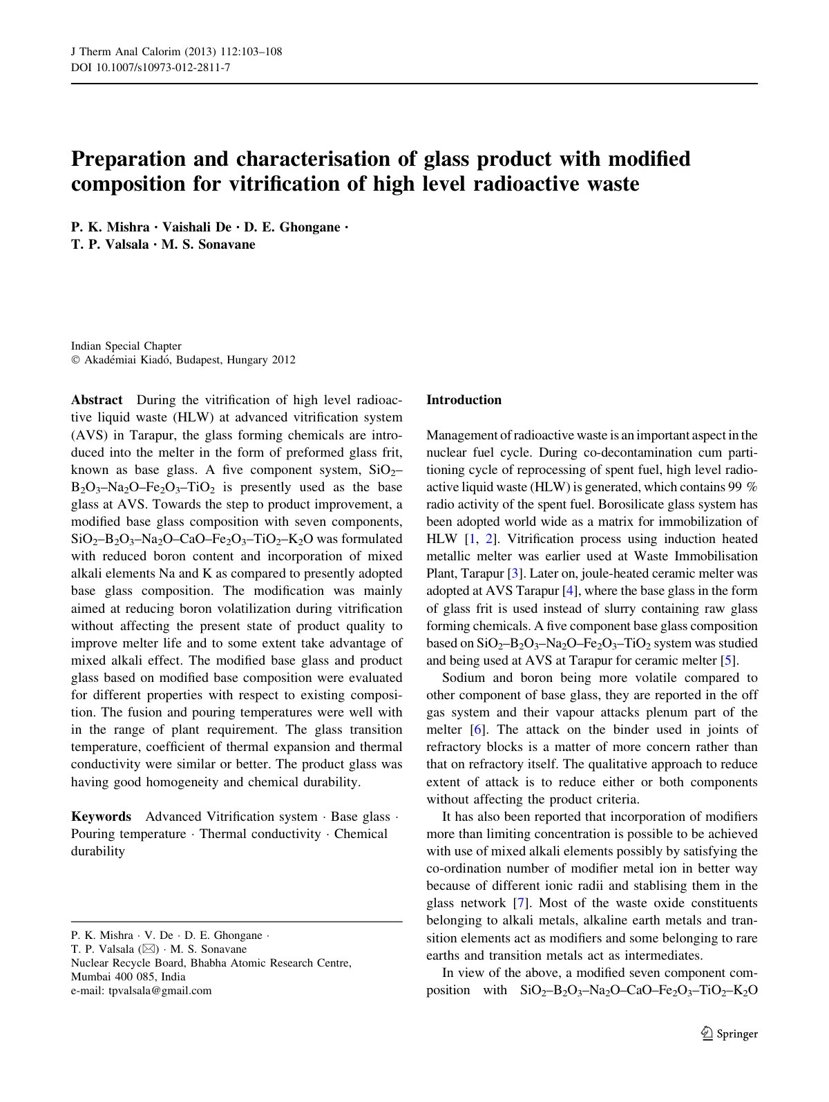 First page of Preparation and characterisation of glas