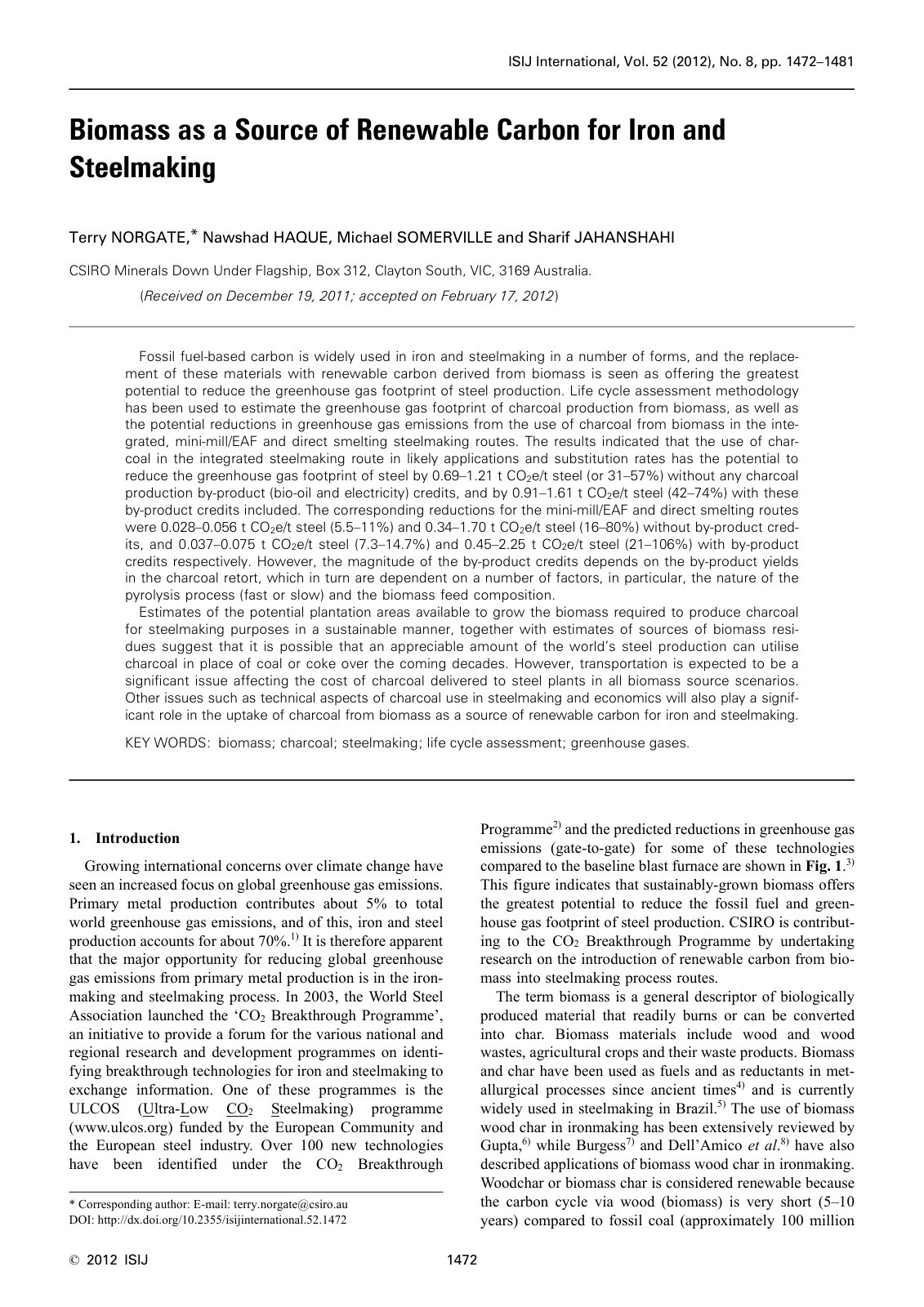 First page of Biomass as a Source of Renewable Carbon for Iron and Steelmaking
