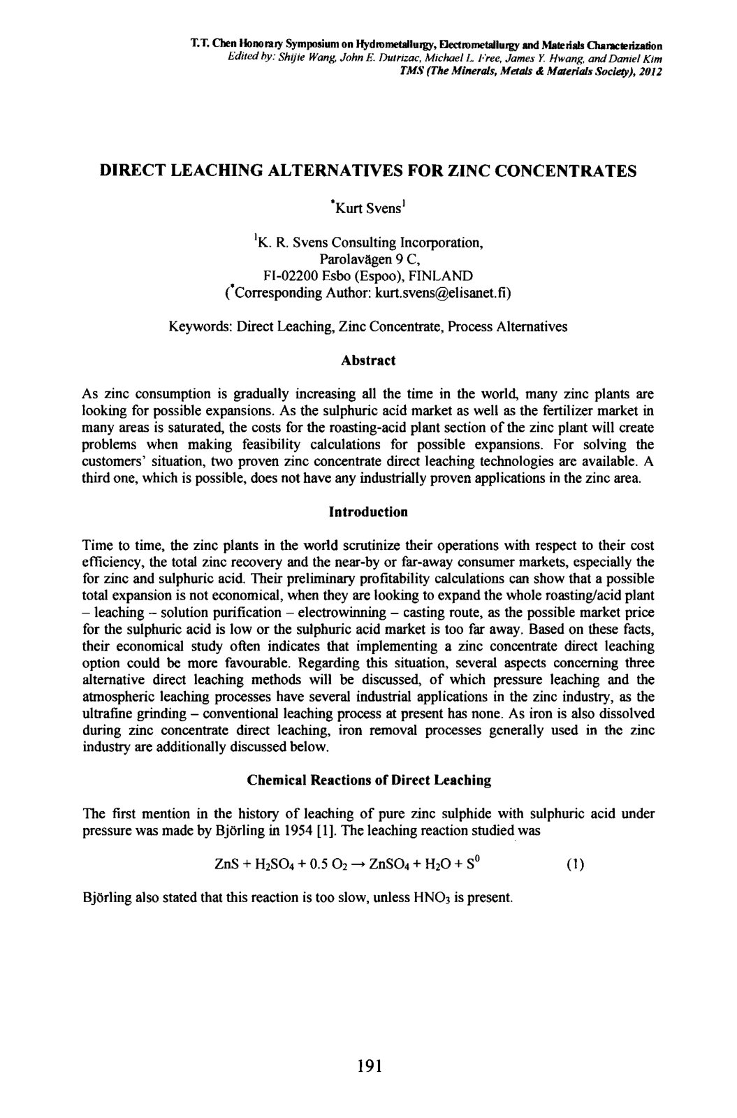First page of Direct Leaching Alternatives for Zinc Concentrates