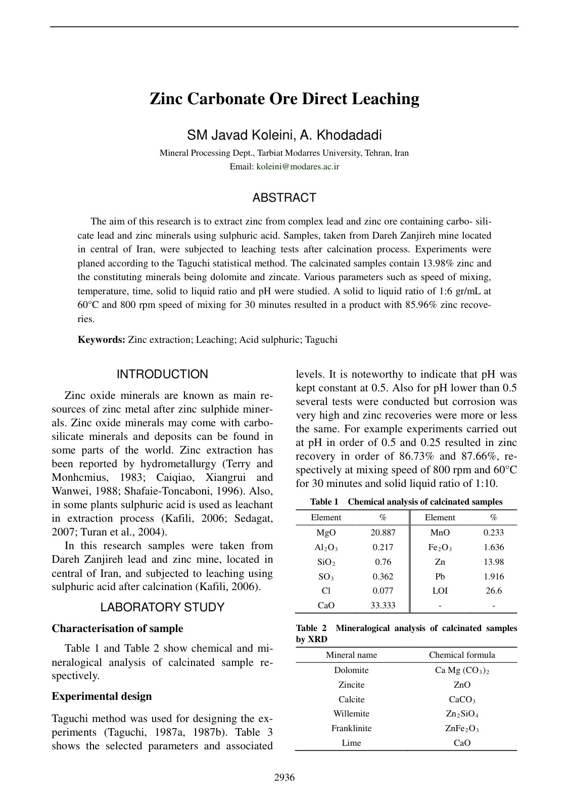 First page of Zinc Carbonate Ore Direct Leaching