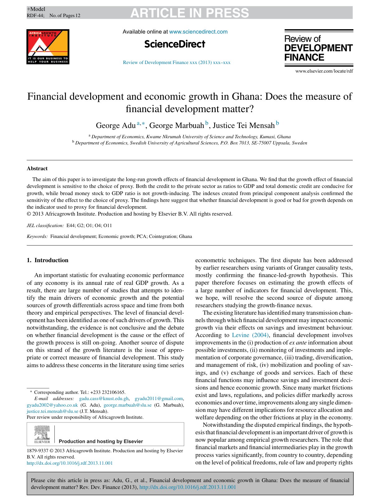 First page of Financial development and economic growth in Ghana: Does the measure of financial development matter?