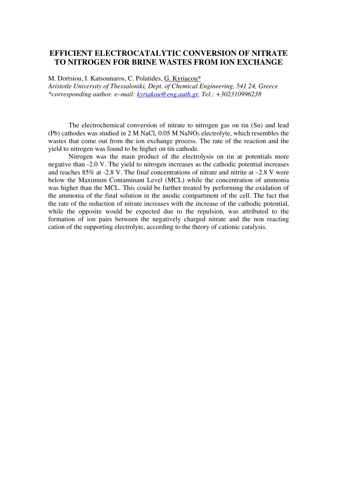 First page of EFFICIENT ELECTROCATALYTIC CONVERSION OF NITRATE TO NITROGEN FOR BRINE WASTES FROM ION EXCHANGE