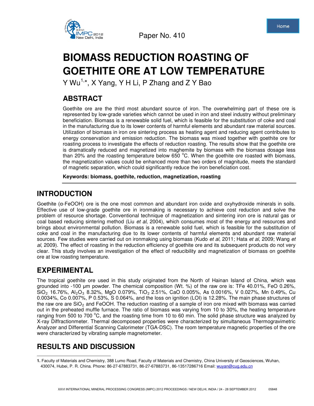First page of BIOMASS REDUCTION ROASTING OF GOETHITE ORE AT LOW TEMPERATURE