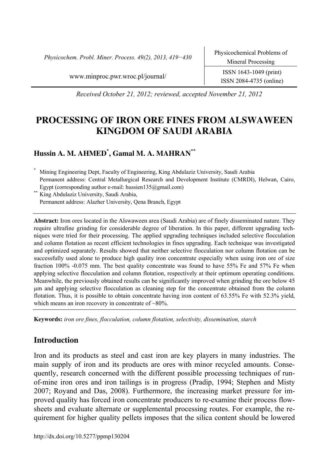 First page of Processing of Iron Ore Fines from Alswaw