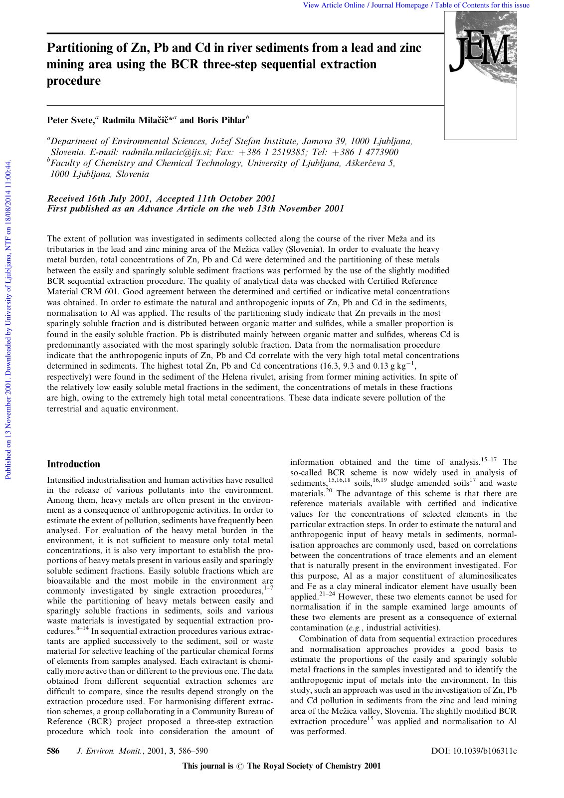 First page of Partitioning of Zn, Pb and Cd in river sediments from a lead and zinc mining area using the BCR three-step sequential extraction procedure