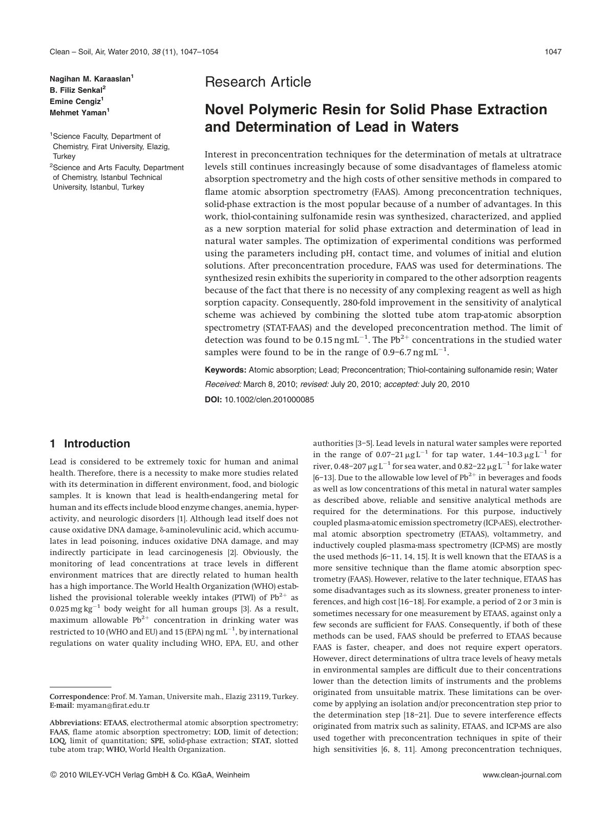First page of Novel Polymeric Resin for Solid Phase Ex