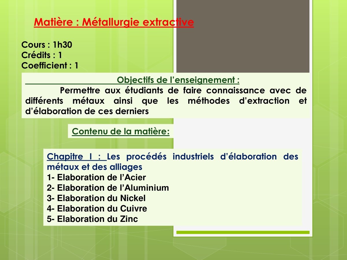 First page of 575330261 cours metallurgie extractive