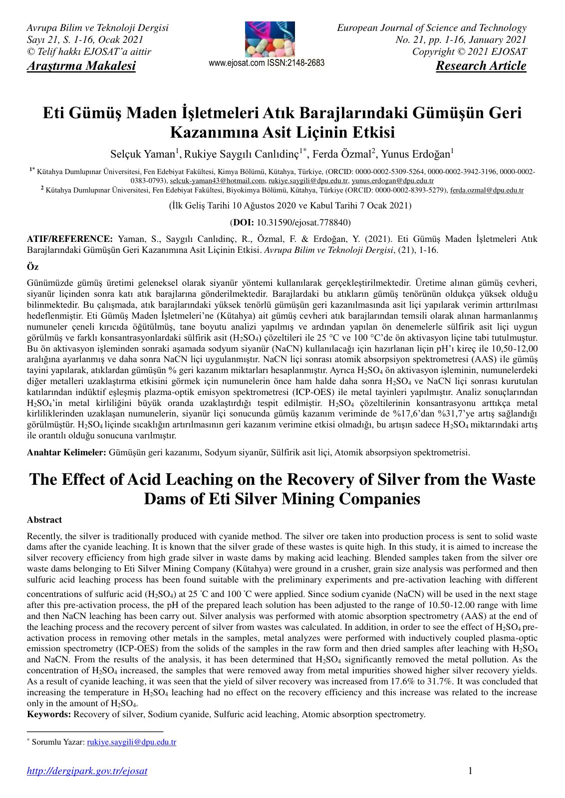 First page of Eti Gümüş Maden İşletmeleri Atık Barajlarındaki Gümüşün Geri Kazanımına Asit Liçinin Etkisi