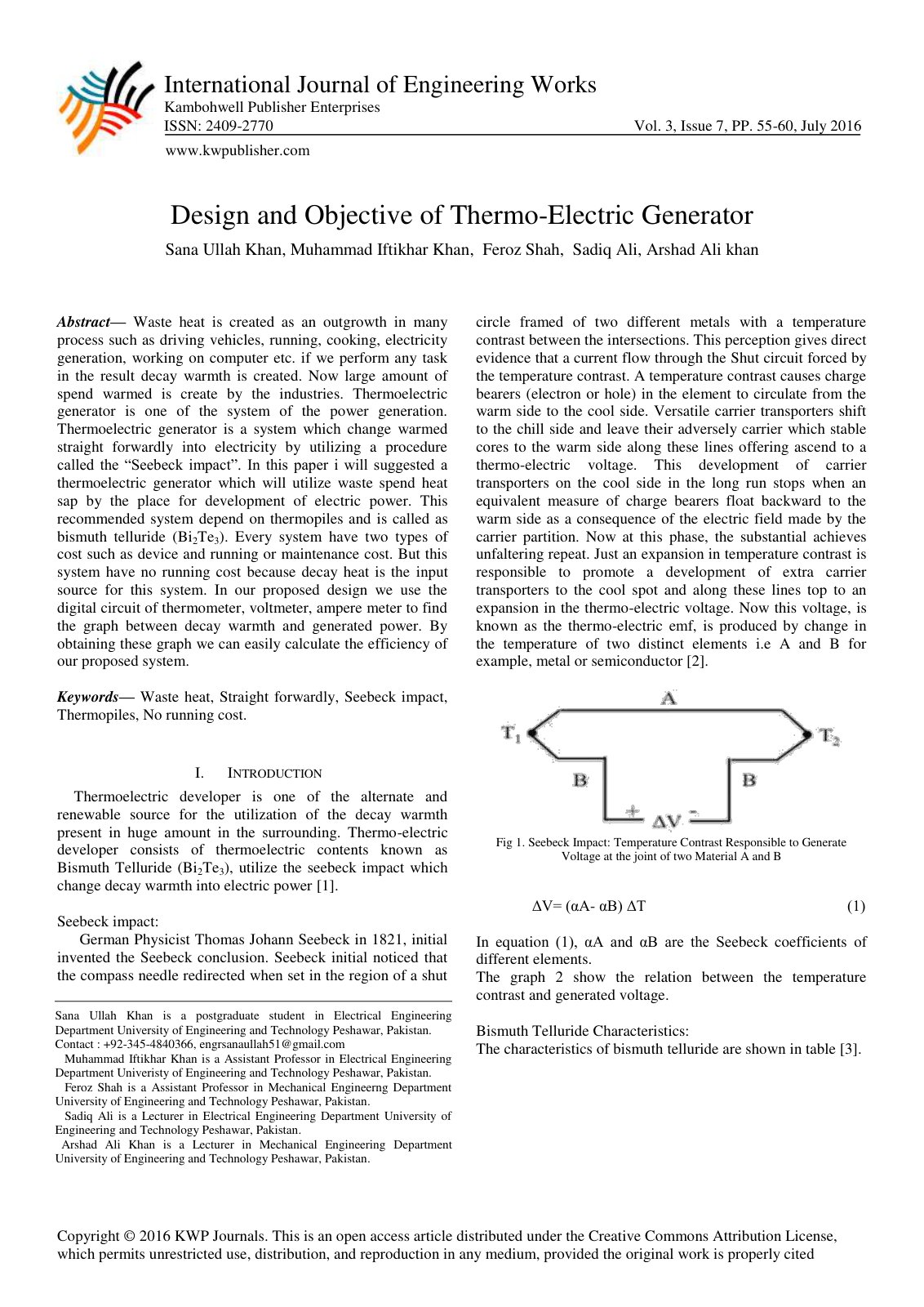 First page of Design and Objective of Thermo Electric