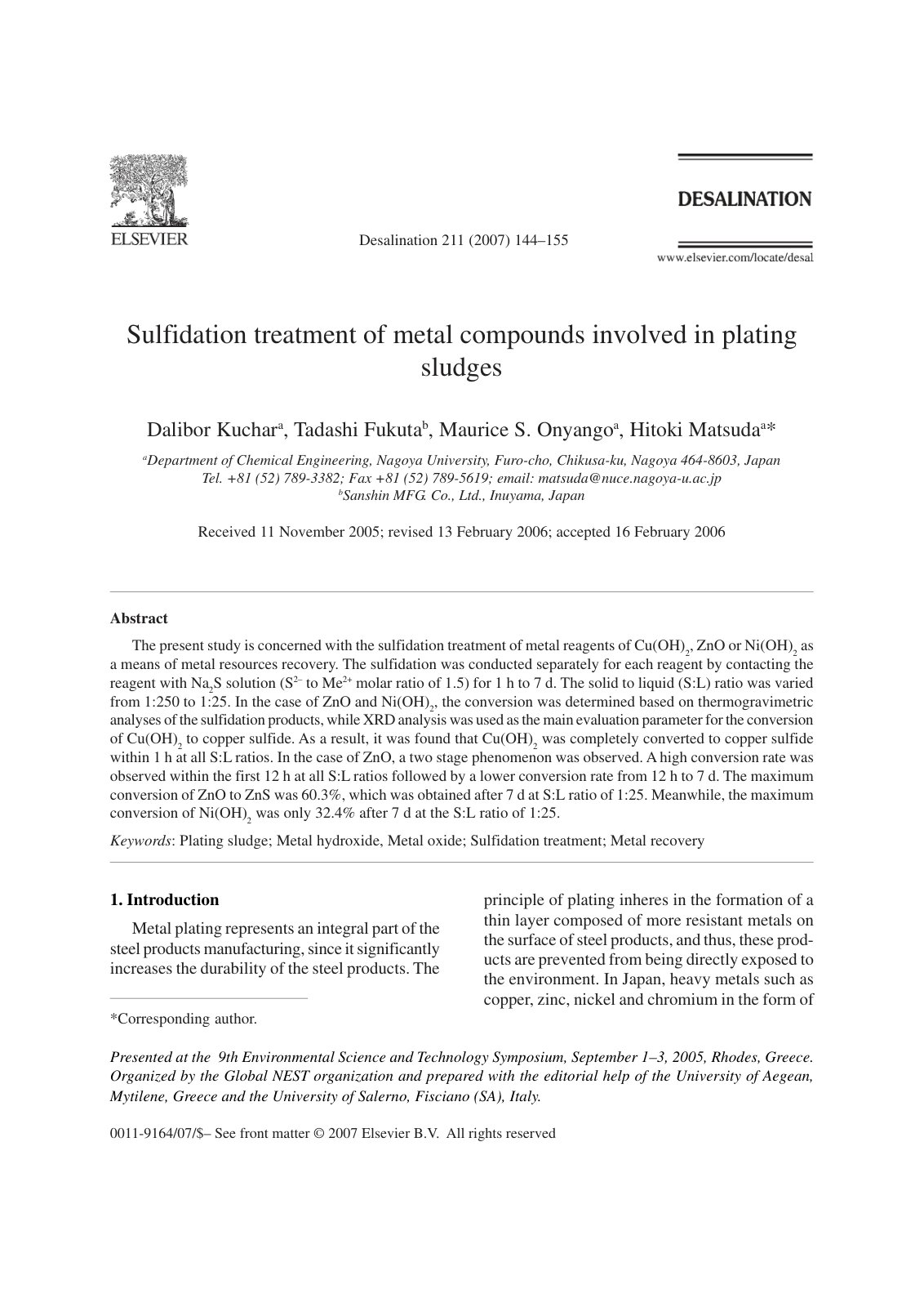 First page of Sulfidation treatment of metal compounds involved in plating sludges
