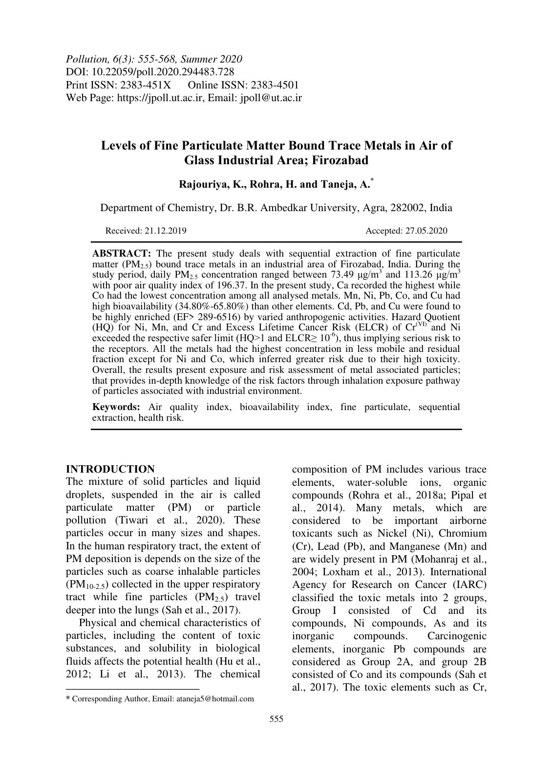 First page of Levels of Fine Particulate Matter Bound Trace Metals in Air of Glass Industrial Area; Firozabad