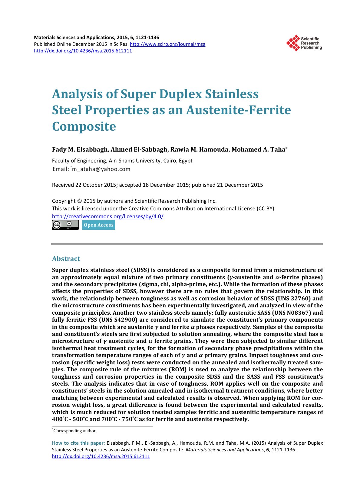 First page of Analysis of Super Duplex Stainless Steel Properties as an Austenite-Ferrite Composite