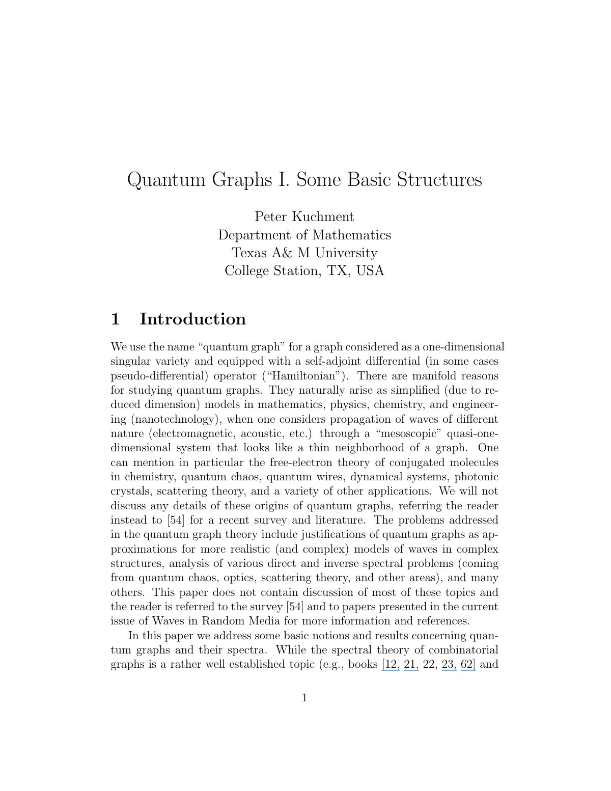 First page of Quantum Graphs I. Some Basic Structures