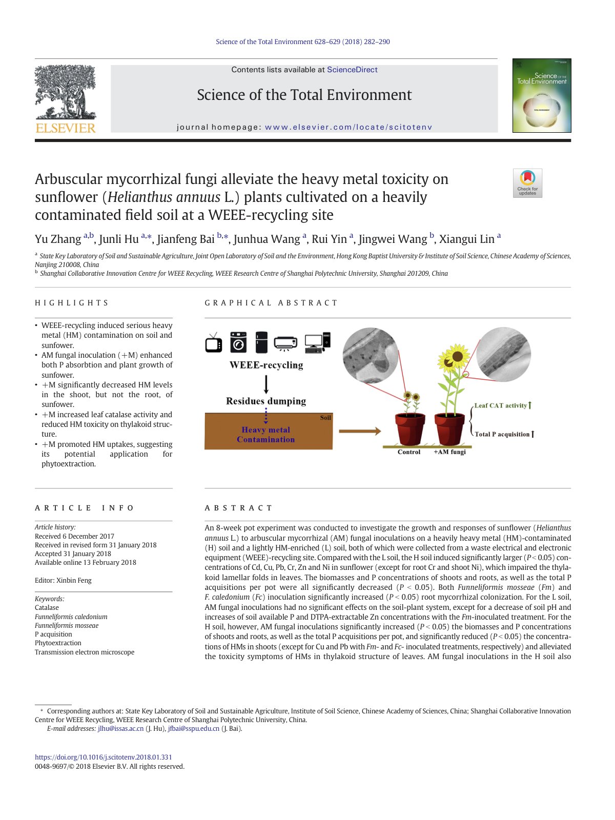 First page of Arbuscular mycorrhizal fungi alleviate the heavy metal toxic 2018 Science of