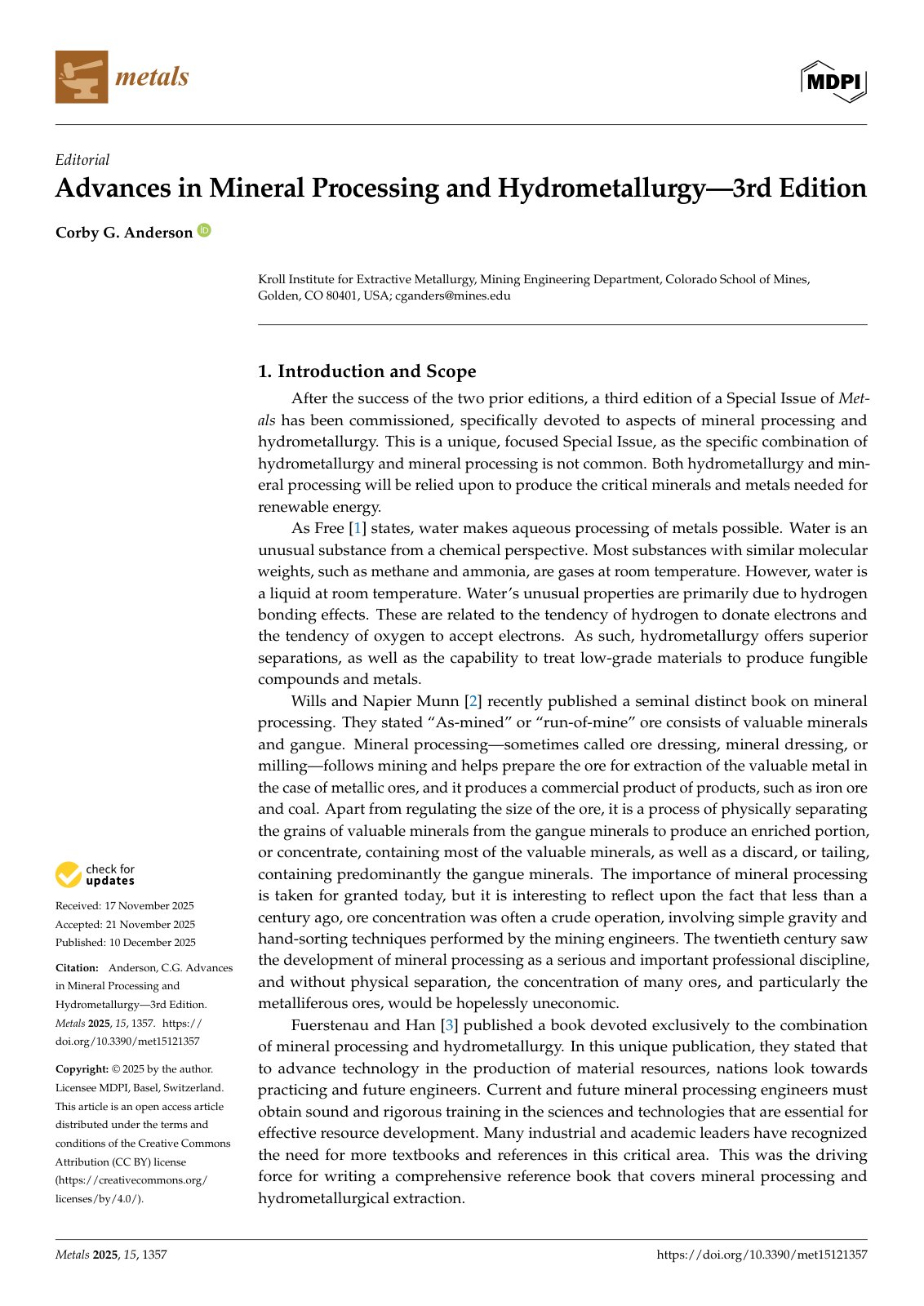 First page of 2025 Anderson Mineral Processing Hydrometallurgy Review