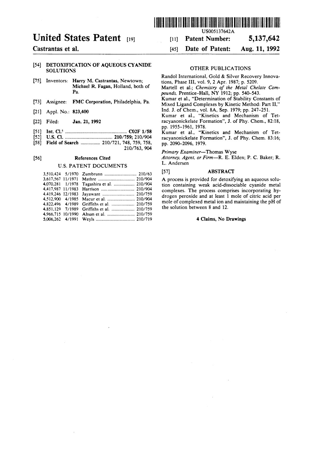 First page of Detoxification of aqueous cyanide solutions