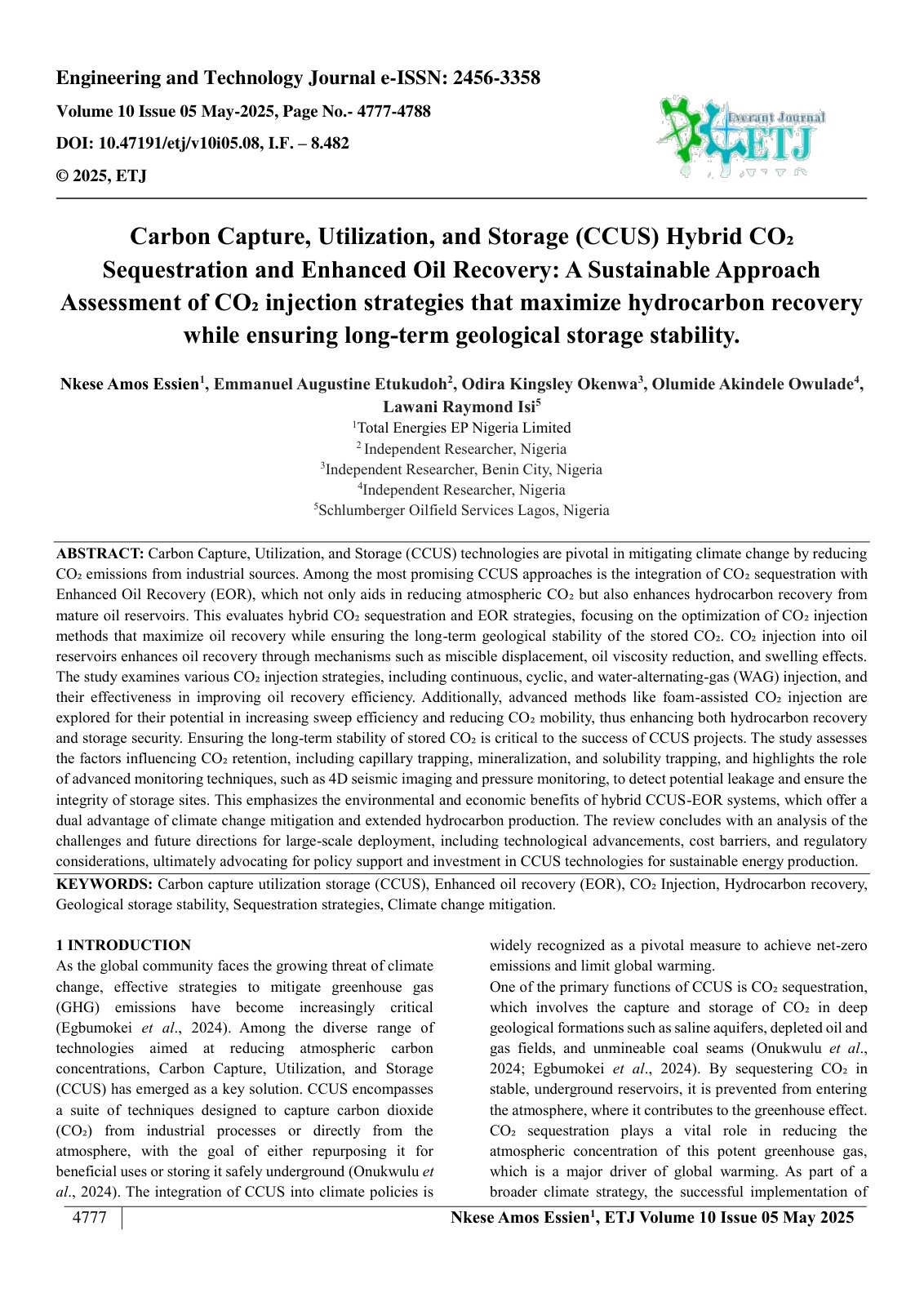 First page of Carbon Capture, Utilization, and Storage (CCUS) Hybrid CO₂  Sequestration and Enhanced Oil Recovery: A Sustainable Approach  Assessment of CO₂ injection strategies that maximize hydrocarbon recovery  while ensuring long-term geological storage stability.  