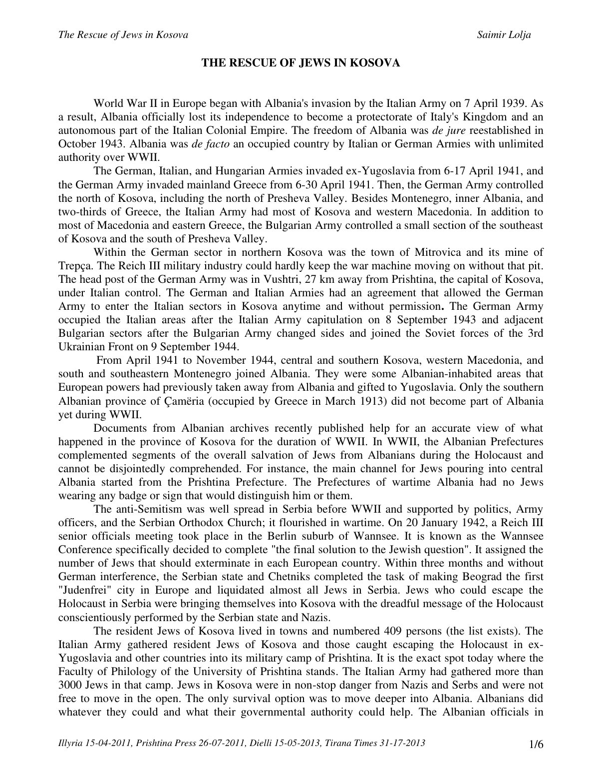 First page of THE RESCUE OF JEWS IN KOSOVA