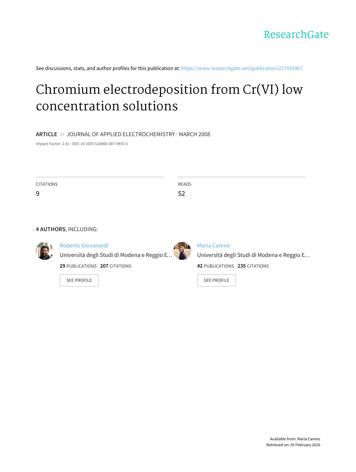 First page of Chromium electrodeposition from Cr(VI) low concentration solutions