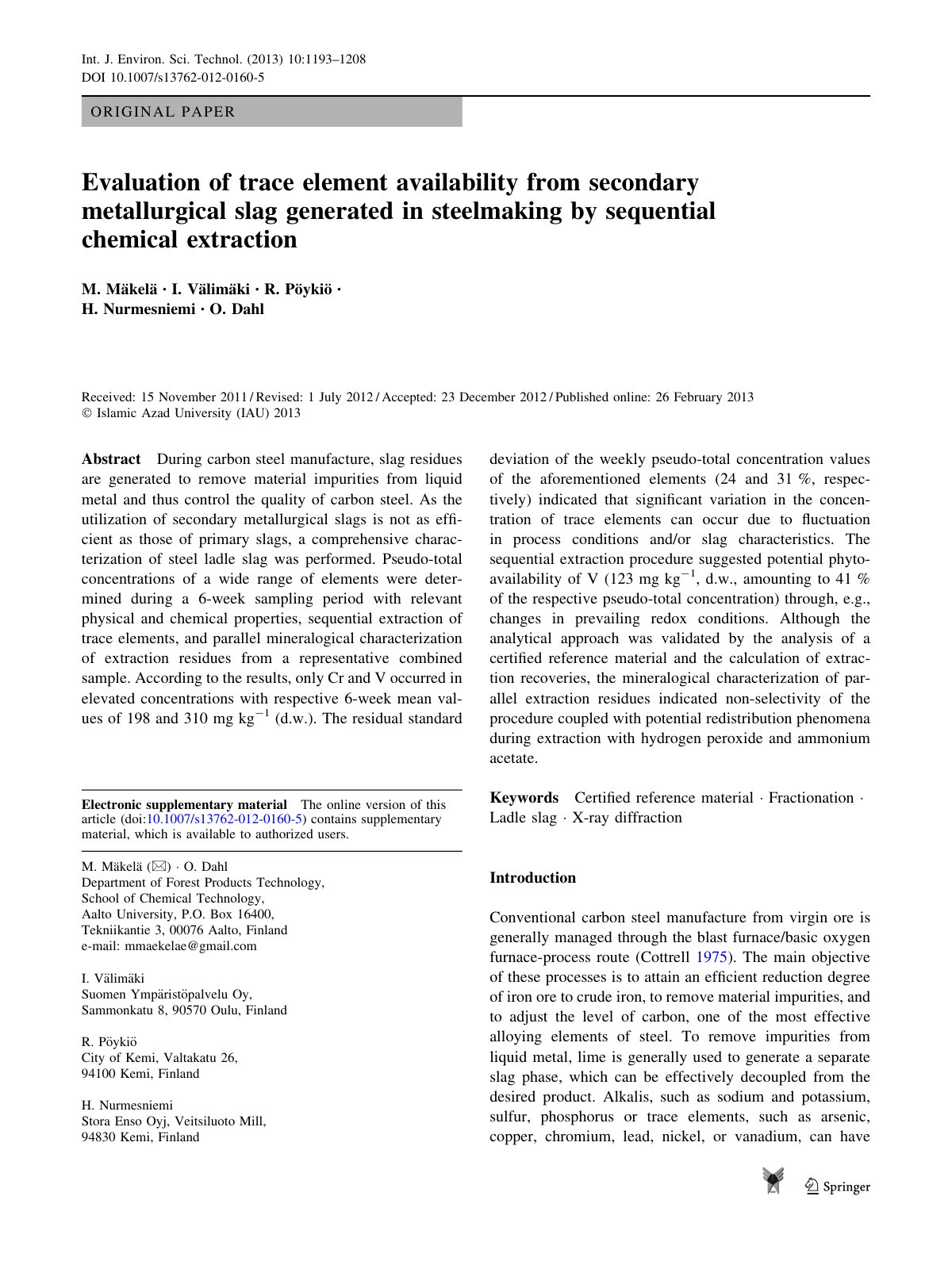 First page of Evaluation of trace element availability from secondary metallurgical slag generated in steelmaking by sequential chemical extraction