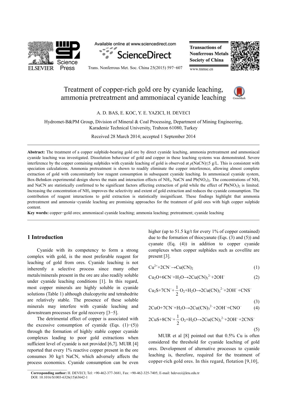 First page of Treatment of A Copper Rich Gold Ore by C