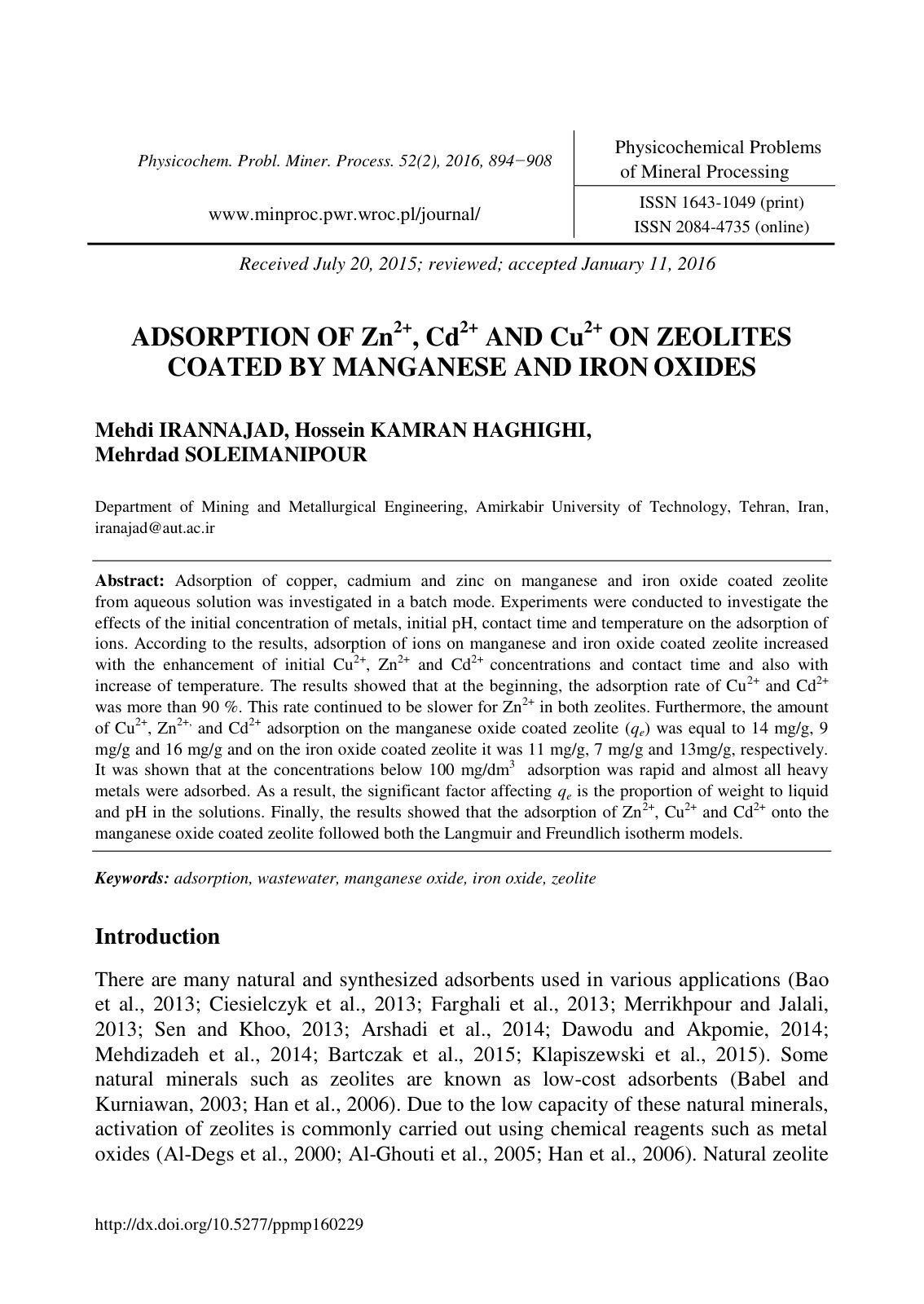 First page of ADSORPTION OF Zn 2 Cd 2 AND Cu 2 ON ZEOL