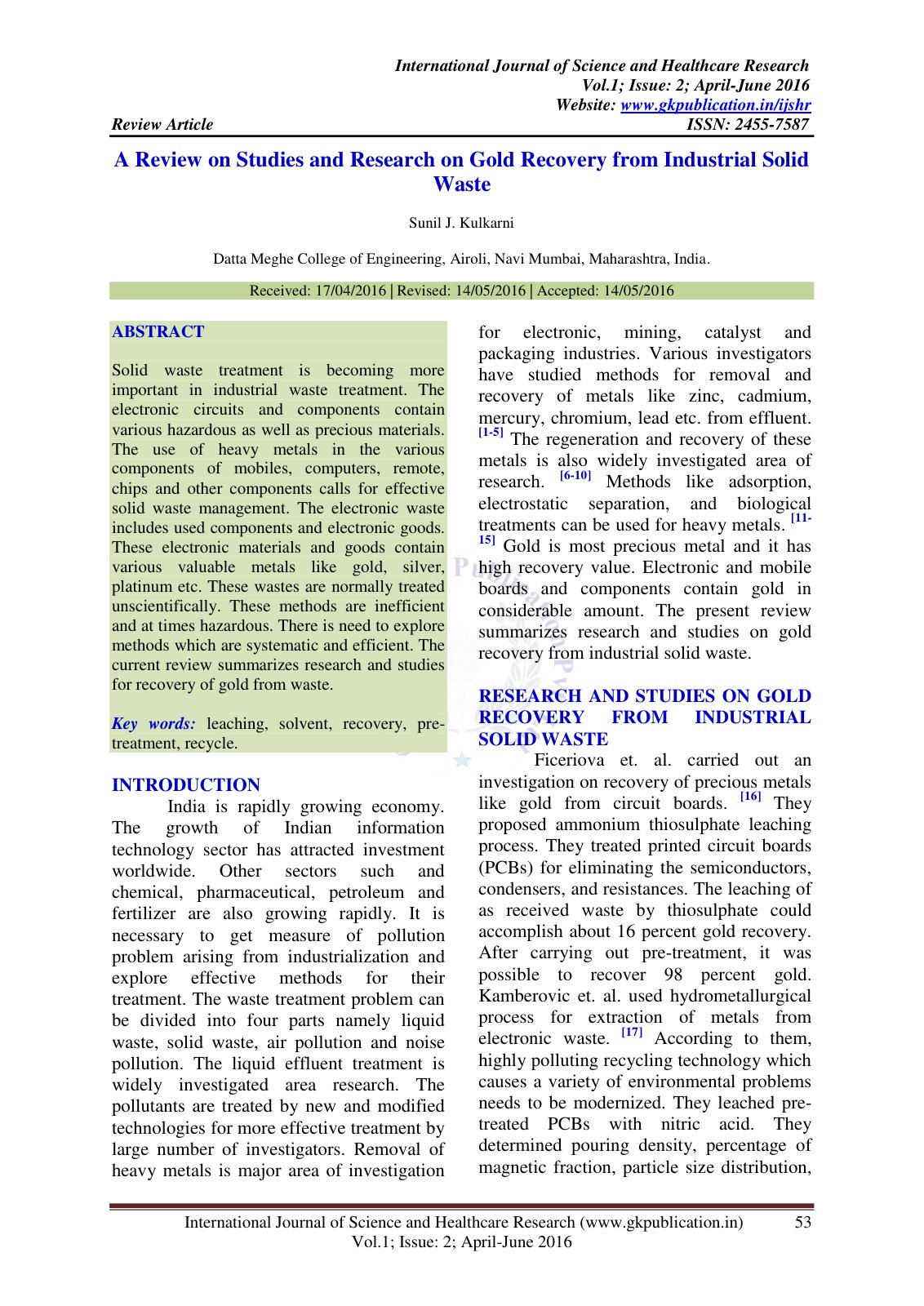 First page of A Review on Studies and Research on Gold