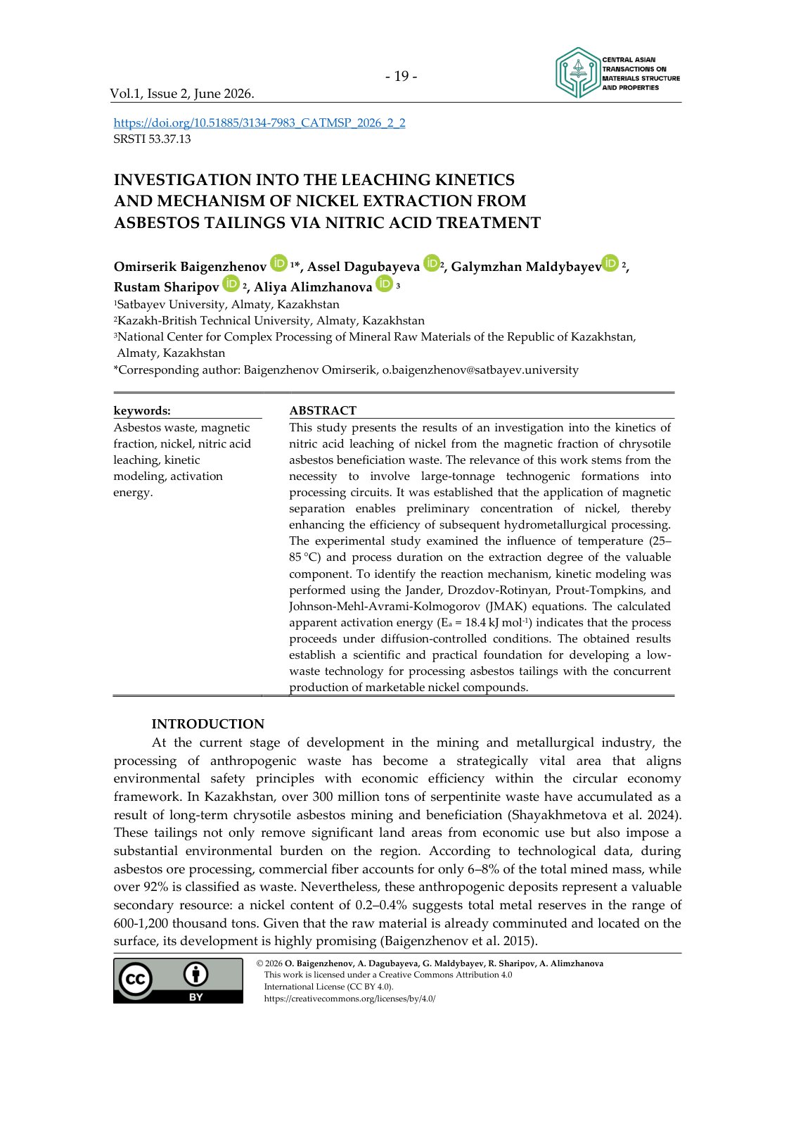 First page of INVESTIGATION INTO THE LEACHING KINETICS AND MECHANISM OF NICKEL EXTRACTION FROM ASBESTOS TAILINGS VIA NITRIC ACID TREATMENT