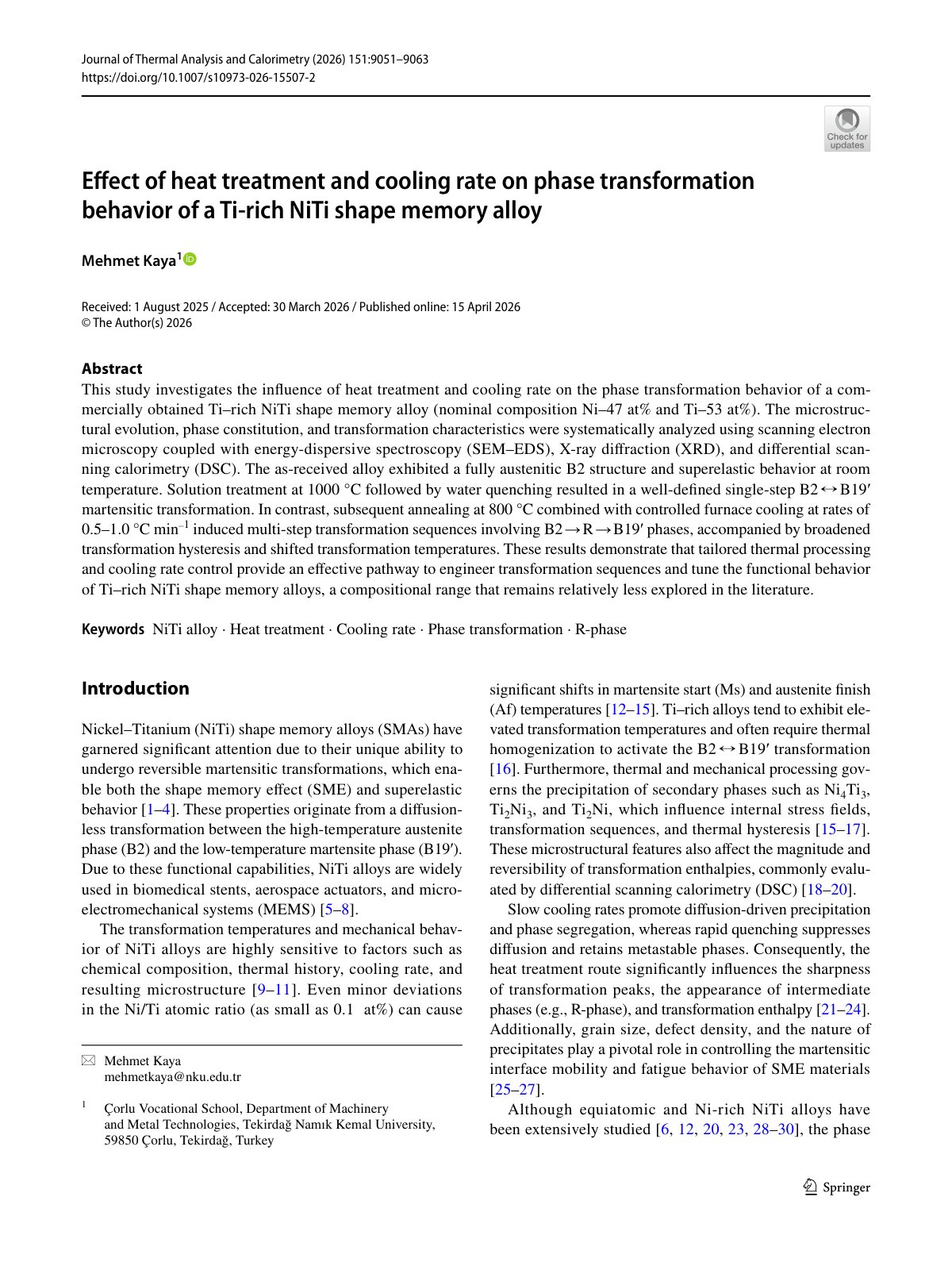 First page of 2026 Kaya TiRich NiTi Phase Transformation