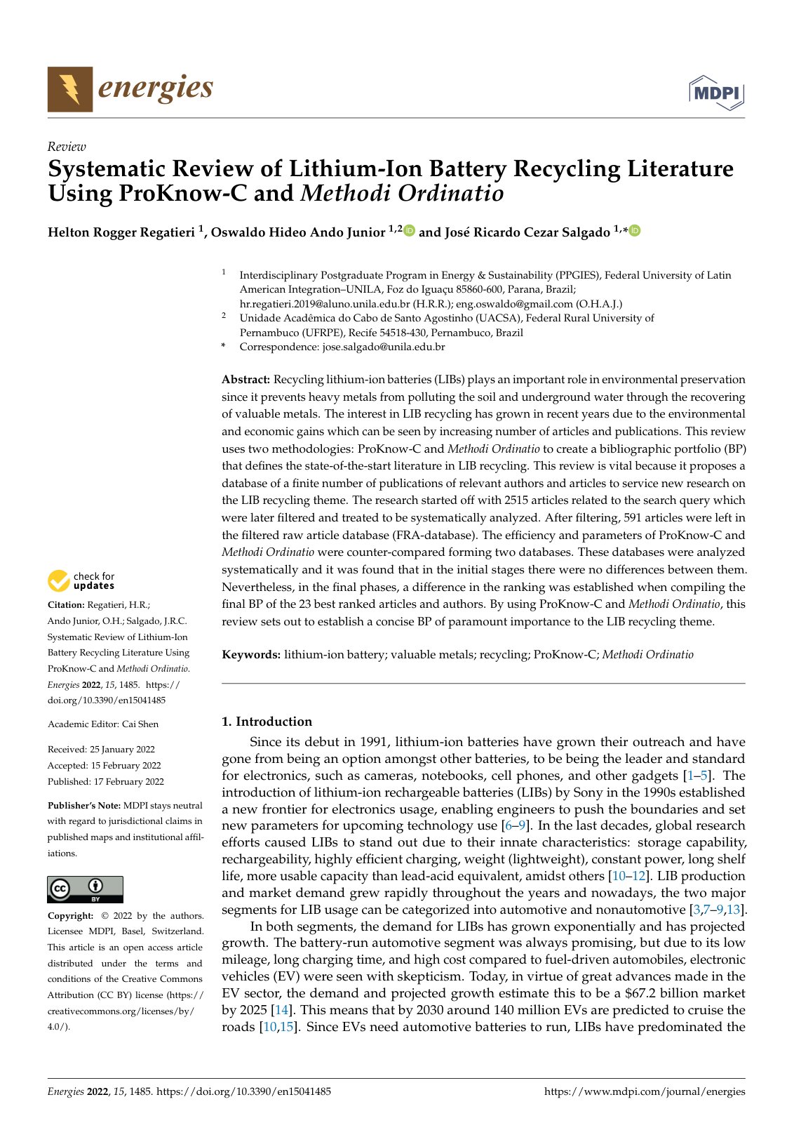 First page of Systematic Review of Lithium Ion Battery
