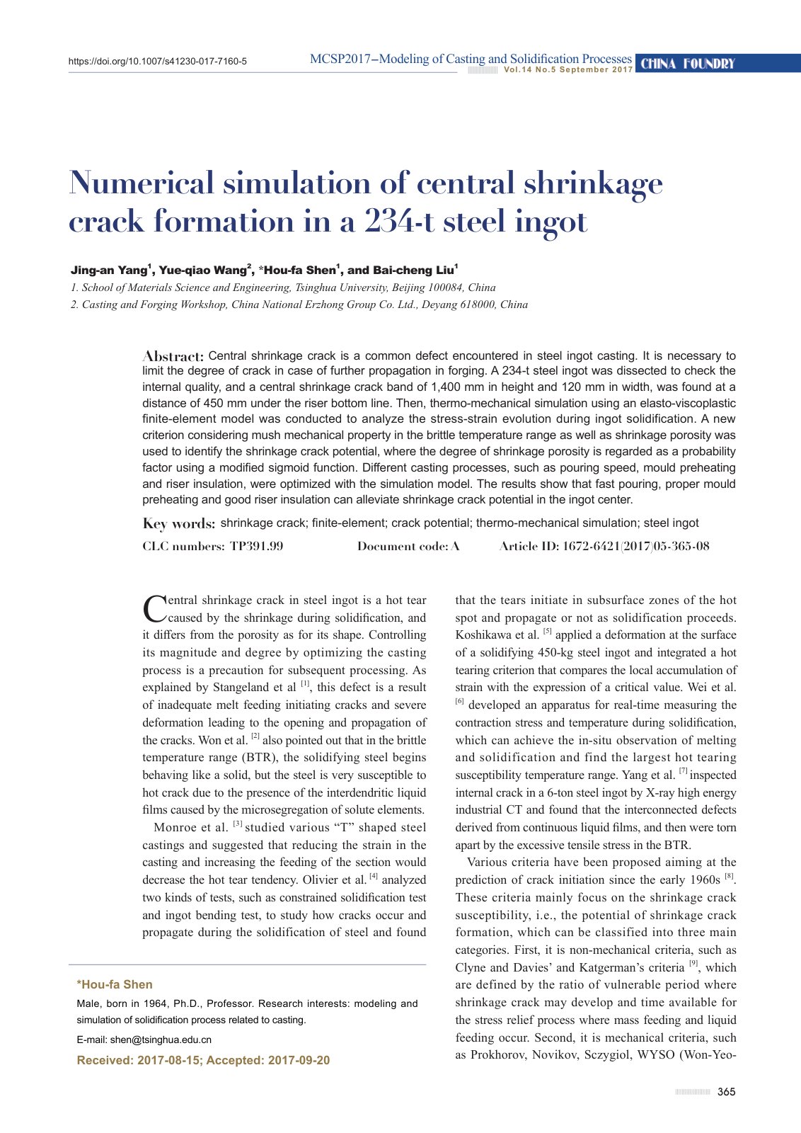 First page of Numerical simulation of central shrinkag