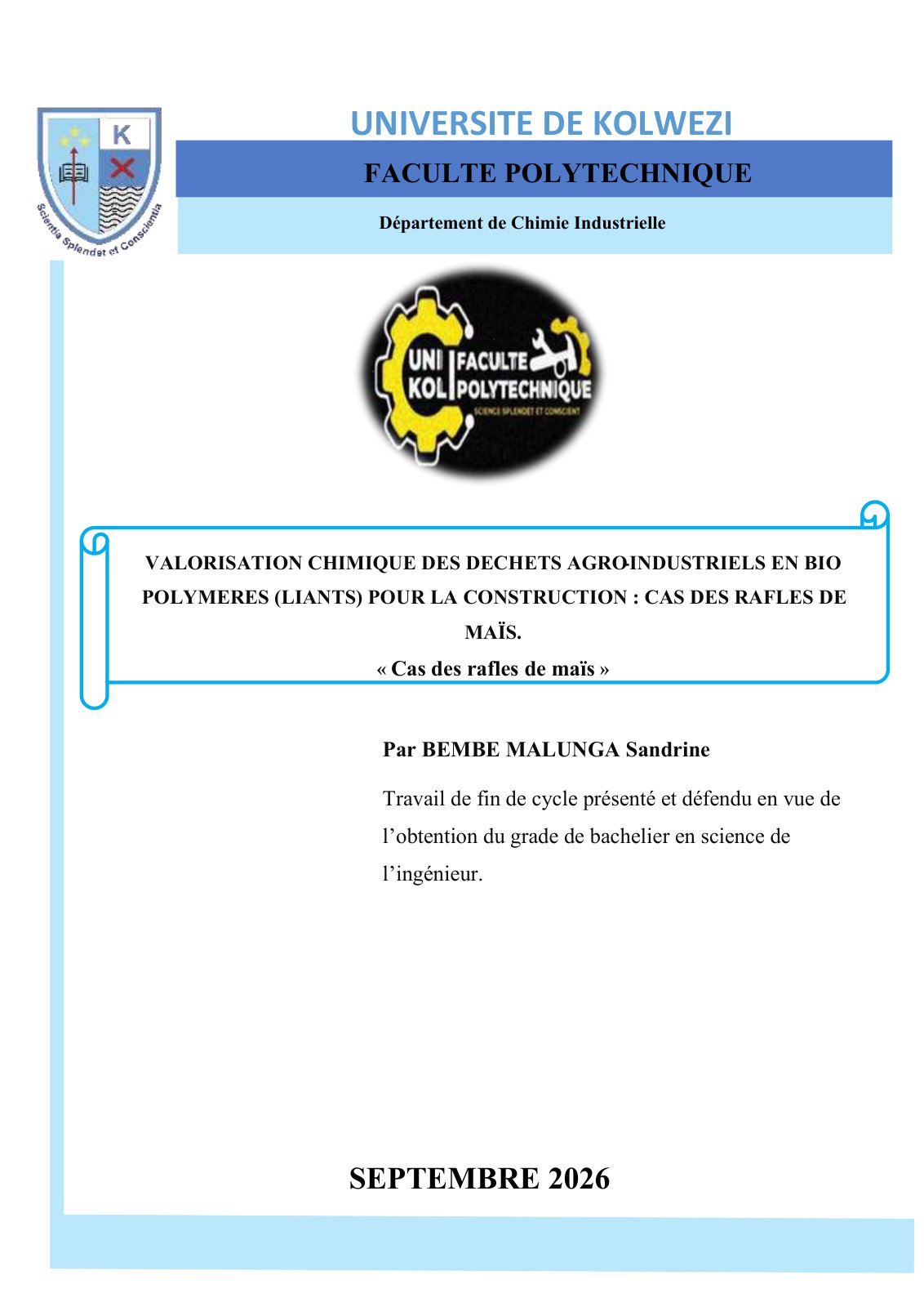 First page of VALORISATION CHIMIQUE DES DECHETS AGRO-INDUSTRIELS EN BIOPOLYMERES (LIANTS) POUR LA CONSTRUCTION : CAS DES RAFLES DE MAÏS.