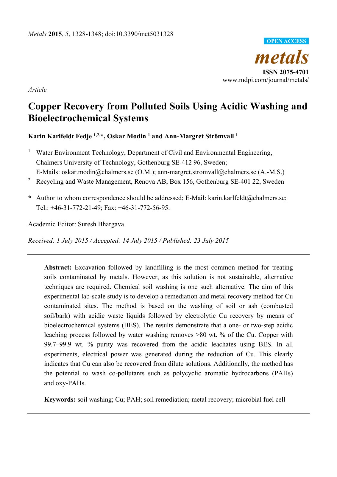 First page of Copper Recovery from Polluted Soils Using Acidic Washing and Bioelectrochemical Systems