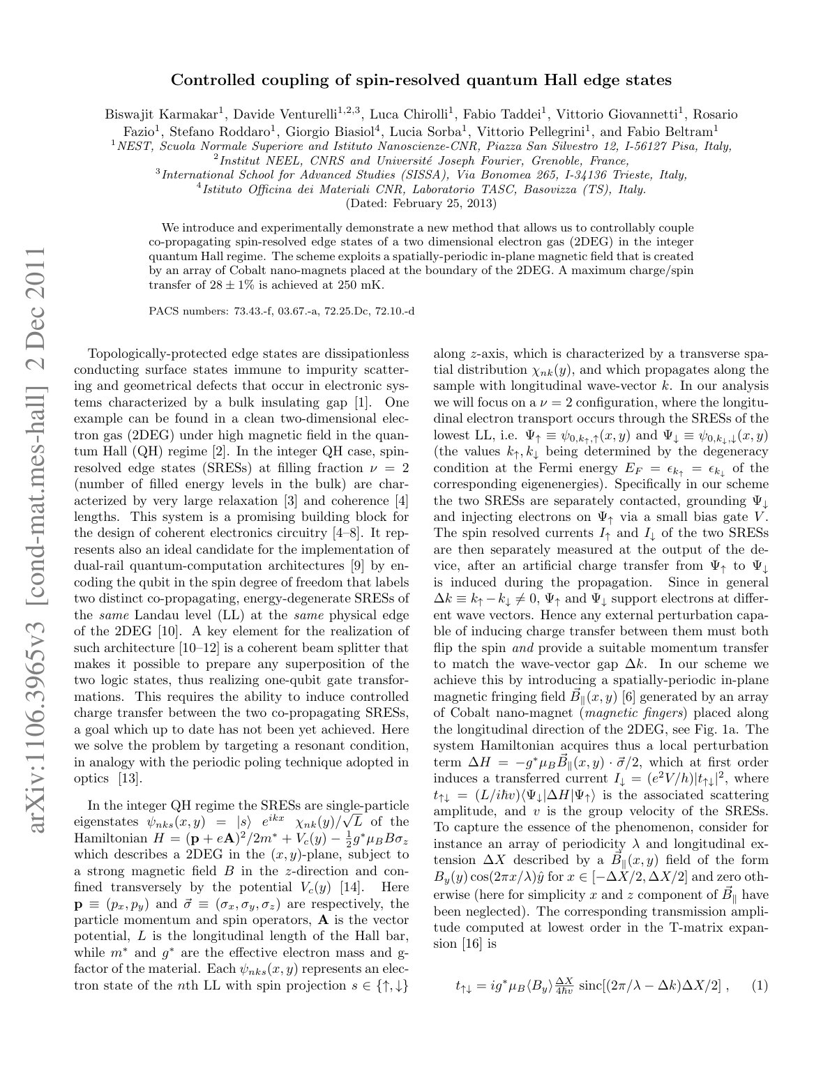 First page of Controlled coupling of spin-resolved quantum Hall edge states