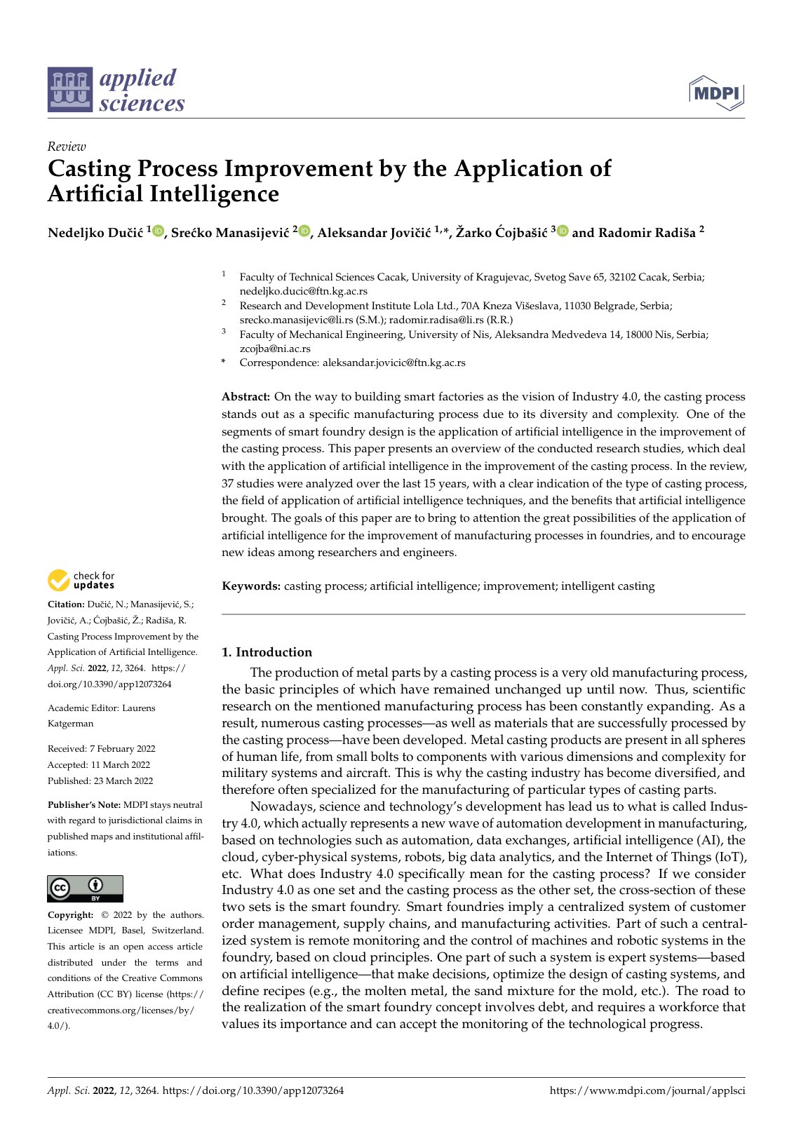 First page of Casting Process Improvement by the Application of Artificial Intelligence