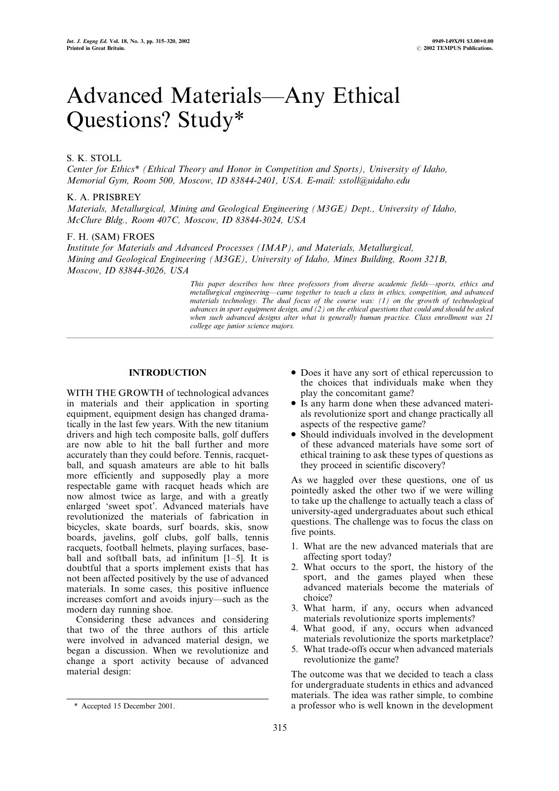 First page of Advanced MaterialsDAny Ethical Questions