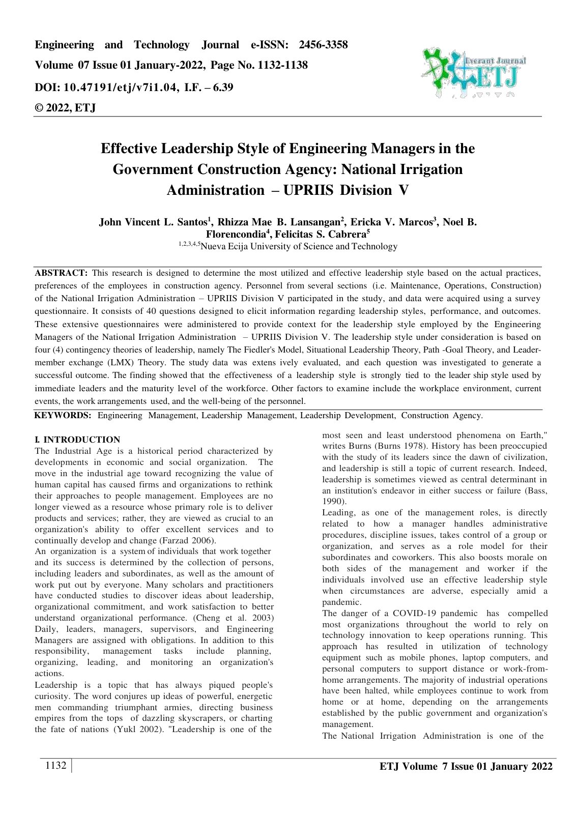 First page of Effective Leadership Style of Engineering Managers in the 