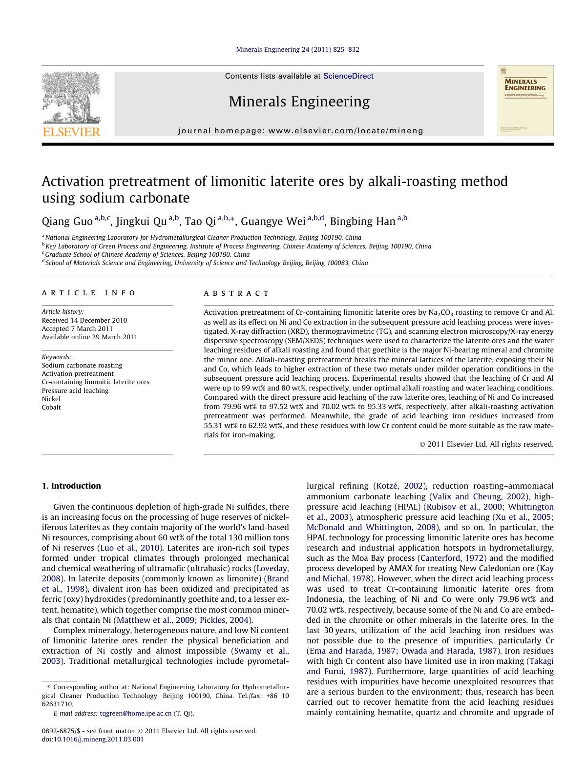 First page of Activation pretreatment of limonitic laterite ores by alkali-roasting method using sodium carbonate