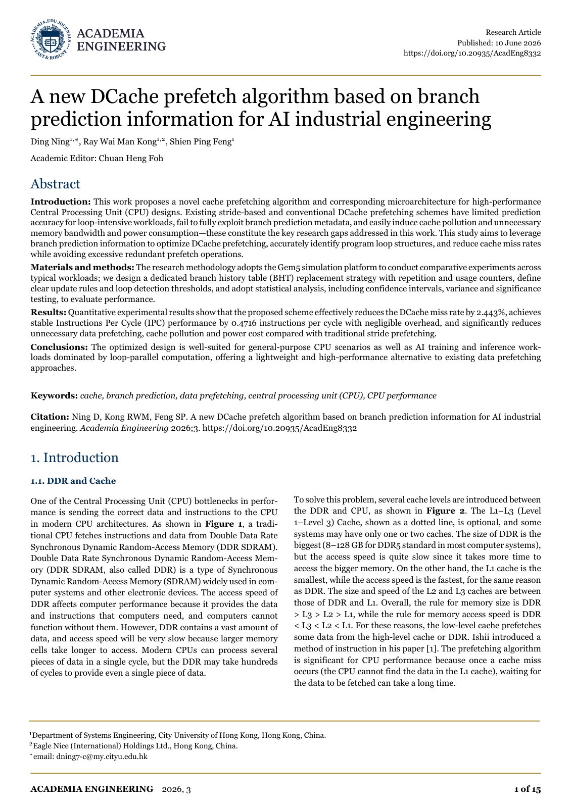 First page of A new DCache prefetch algorithm based on branch prediction information for AI industrial engineering