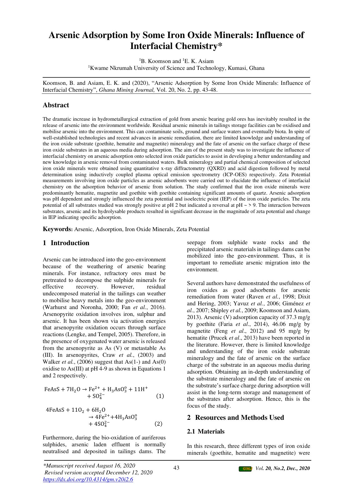 First page of Arsenic Adsorption by Some Iron Oxide Mi