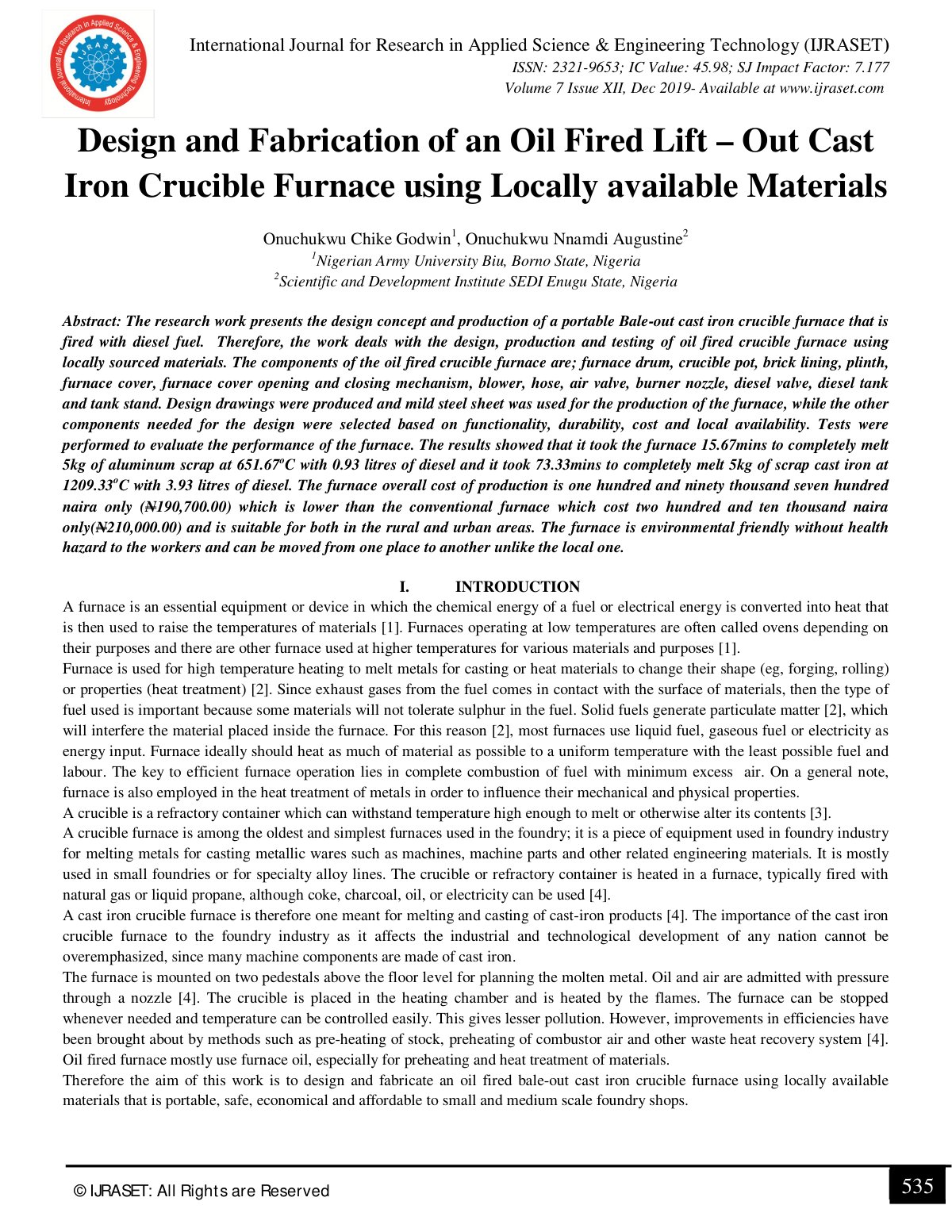 First page of Design and Fabrication of an Oil Fired L