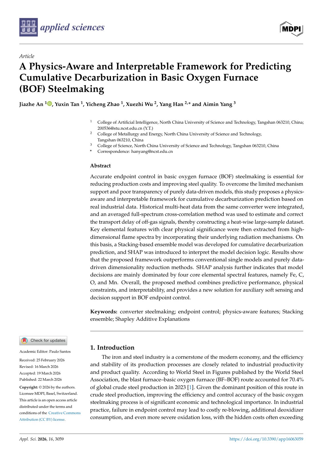 First page of A Physics-Aware and Interpretable Framework for Predicting Cumulative Decarburization in Basic Oxygen Furnace (BOF) Steelmaking