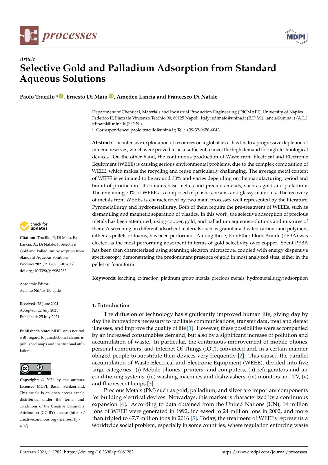 First page of Selective Gold and Palladium Adsorption