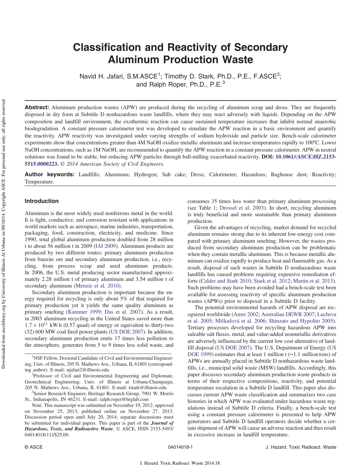 First page of Classification and Reactivity of Secondary Aluminum Production Waste