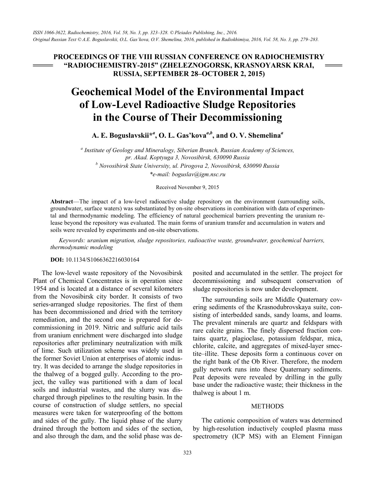 First page of Geochemical Model of the Environmental Impact of Low-Level Radioactive Sludge Repositories in the Course of Their Decommissioning